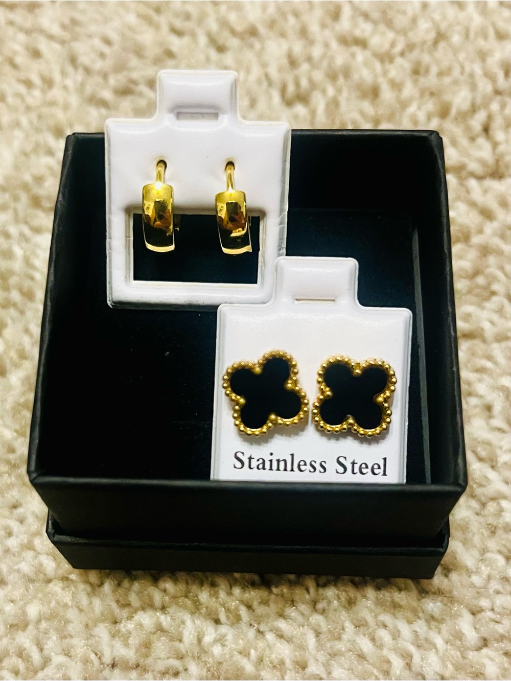 Gold-Tone Stainless Steel Black Clover Stud Earrings - Women Jewelry